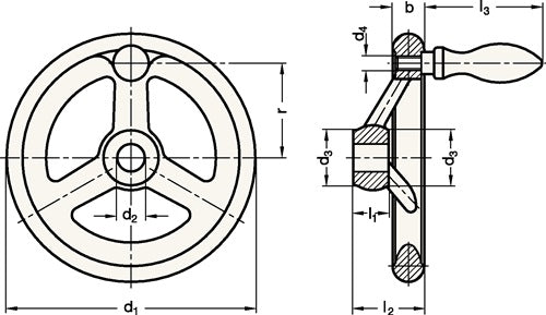 Handrad GN 950 b 15 mm d1 100 mm d2 10 mm GANTER – Ansicht 3
