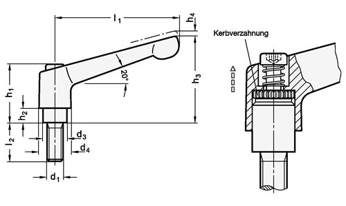 Verstellbarer Klemmhebel GN 3001 d1 M 10 mm l1 78 mm l2 63 mm Außengewinde GANTER – Ansicht 3