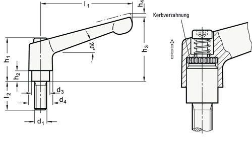 Verstellbarer Klemmhebel GN 300 d1 M 12 mm l1 108 mm l2 63 mm Außengewinde GANTER – Ansicht 4