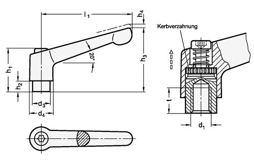 Verstellbarer Klemmhebel GN 300 d1 M 10 mm l1 78 mm l2 63 mm Außengewinde GANTER – Ansicht 3
