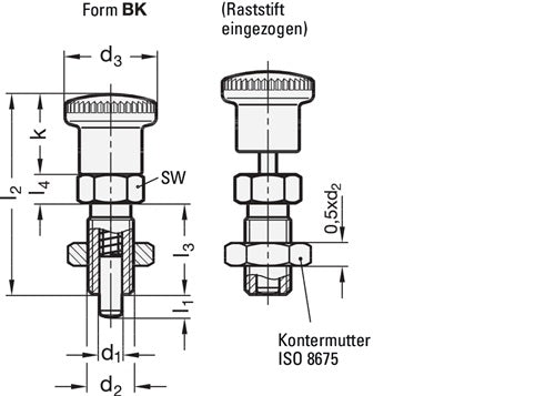Rastbolzen GN 817 d1 6 mm d2 M 12 x 15 mm l1 6 mm Stahl ohne Rastsperre mit Kontermutter GANTER - VPE: 10 – Ansicht 3
