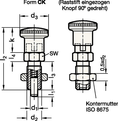 Rastbolzen GN 817 d1 10 mm d2 M 16 x 15 mm l1 12 mm Stahl ohne Rastsperre mit Kontermutter GANTER - VPE: 5 – Ansicht 4