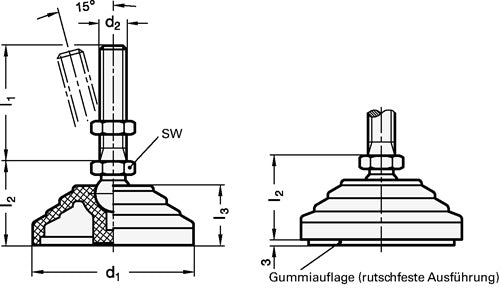 Kunststoff-Gelenkfuß GN 344 d1 100 mm d2 M 10 mm l1 43 mm l3 24 mm GANTER – Ansicht 3