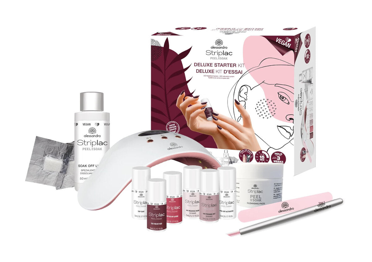 alessandro Striplac Peel or Soak Deluxe Starter Kit – UV-Nagellack-Set mit LED-Lampe, 4 Farben à 5 ml, Top Coat und Z