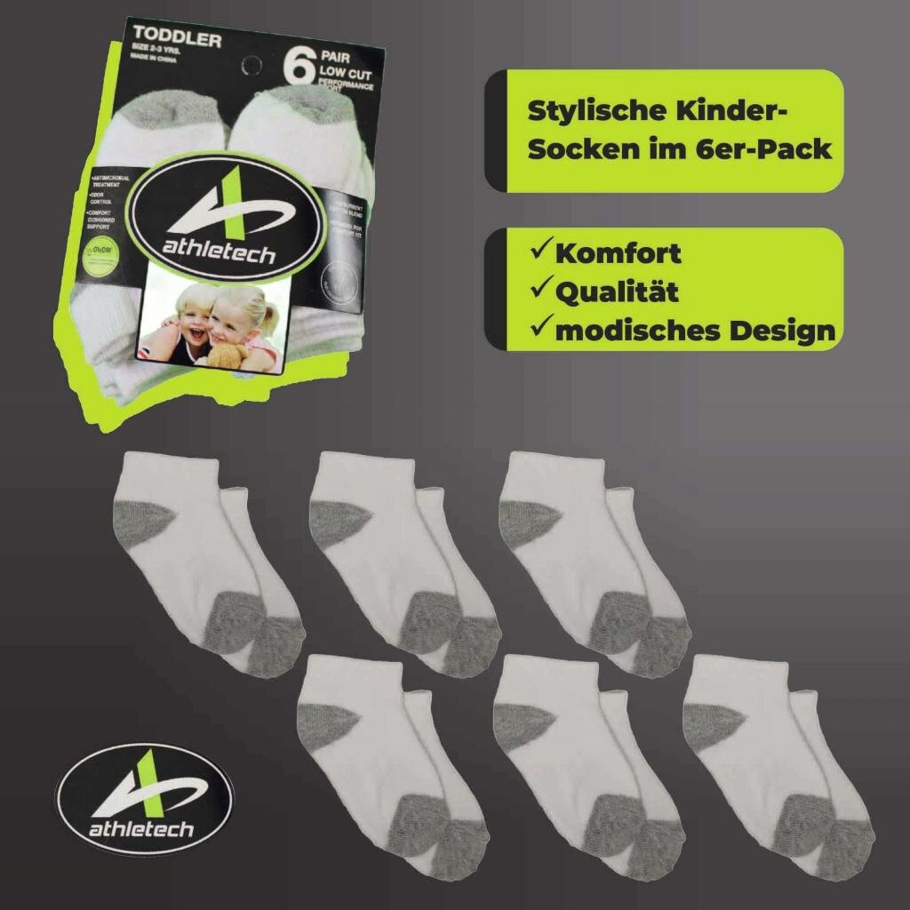 Athletech 6 Paar Low-Cut-Sportsocken für Kinder 2-3 Jahre bis Gr. 28 grau weiß – Ansicht 2