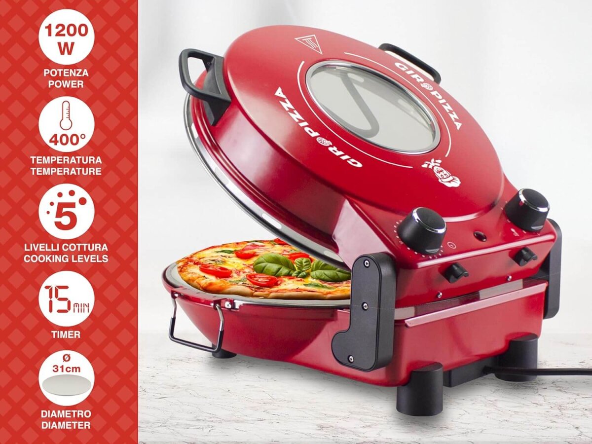 Beper P101CUD301 Pizzaofen mit Bullauge, 400°C, 31 cm Keramikplatte, 5 Kochstufen, 15-Minuten-Timer, wärmeisolierte Griffe,