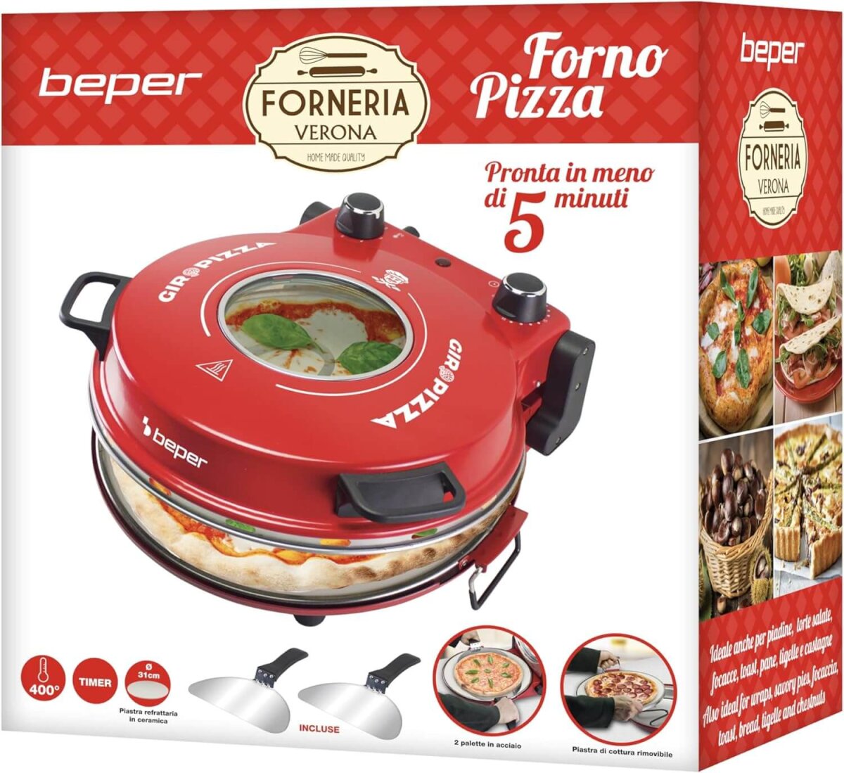 Beper P101CUD301 Pizzaofen mit Bullauge, 400°C, 31 cm Keramikplatte, 5 Kochstufen, 15-Minuten-Timer, – Ansicht 7