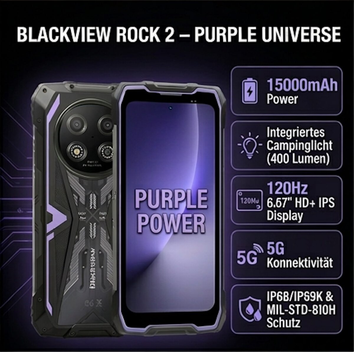 Blackview ROCK 2 Violett Outdoor Smartphone | 5G, Android 16, 12+36GB RAM, 256GB, 15000mAh, 120Hz