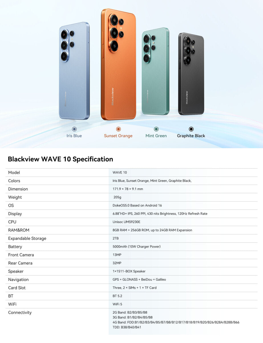 Blackview Wave 10 Smartphone in Grün, 32GB RAM + 128GB ROM, 6,88" 120Hz Display, Android 16, 32MP Kamera, – Ansicht 6