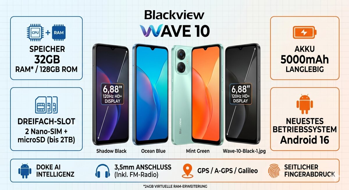 Blackview Wave 10 Smartphone in Schwarz, 32GB RAM + 128GB ROM, 6,88" 120Hz Display, Android 16, 32MP Kamera, – Ansicht 2