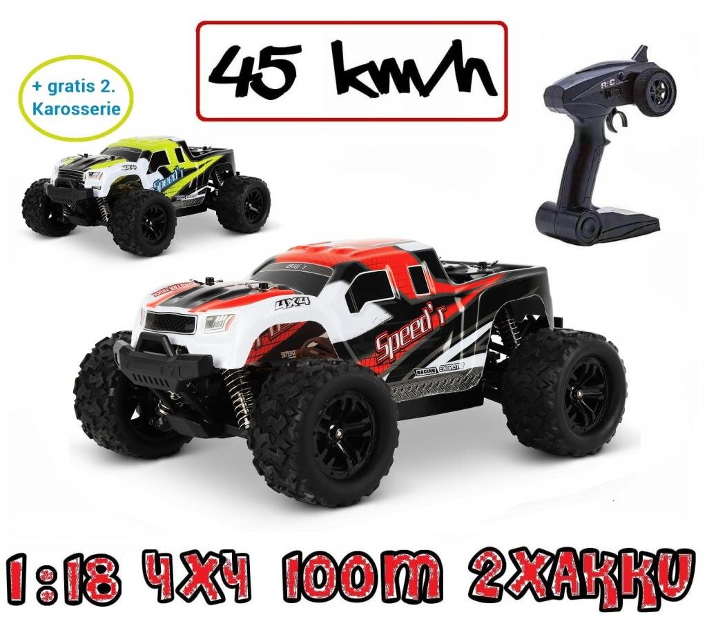Blij´r Speed´r Rot ferngesteuerter RC Monstertruck 45 km/h, 1:18, 2 Akkus, Allrad, 100m, Funk Auto