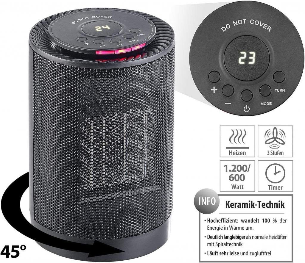 Carlo Milano Keramiklüfter Digitaler Keramik-Tisch-Heizlüfter, 3 Stufen & Oszillation, 1.200 Watt – Ansicht 3