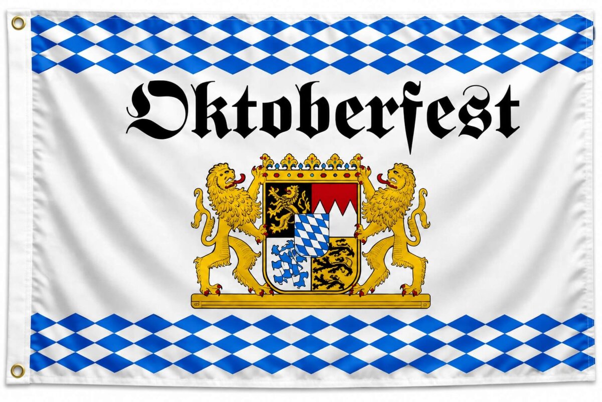 Flagge Oktoberfest Bayern mit Löwen 90 x 150 cm, Fahne, Polyester, UV-beständig, 2 Metallösen, vernäht