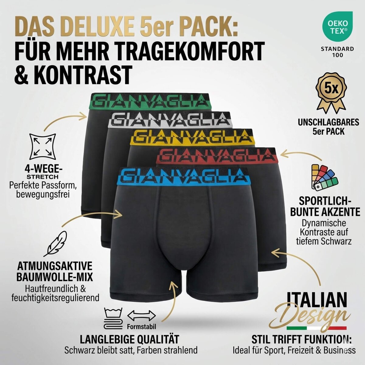 GIANVAGLIA Herren Boxershorts Schwarz 5er-Pack, Baumwolle, Stretch, Komfort, XXL – Ansicht 2