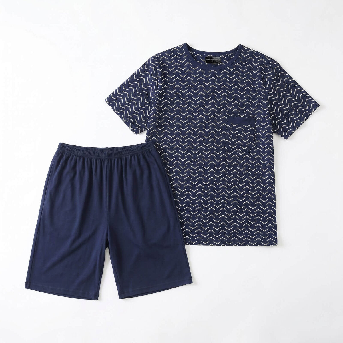 GIANVAGLIA Herren Pyjama Set Blau Schlafanzug Shorty Zweiteilig Baumwolle Hausanzug Manner Nachtwasche Bequem L