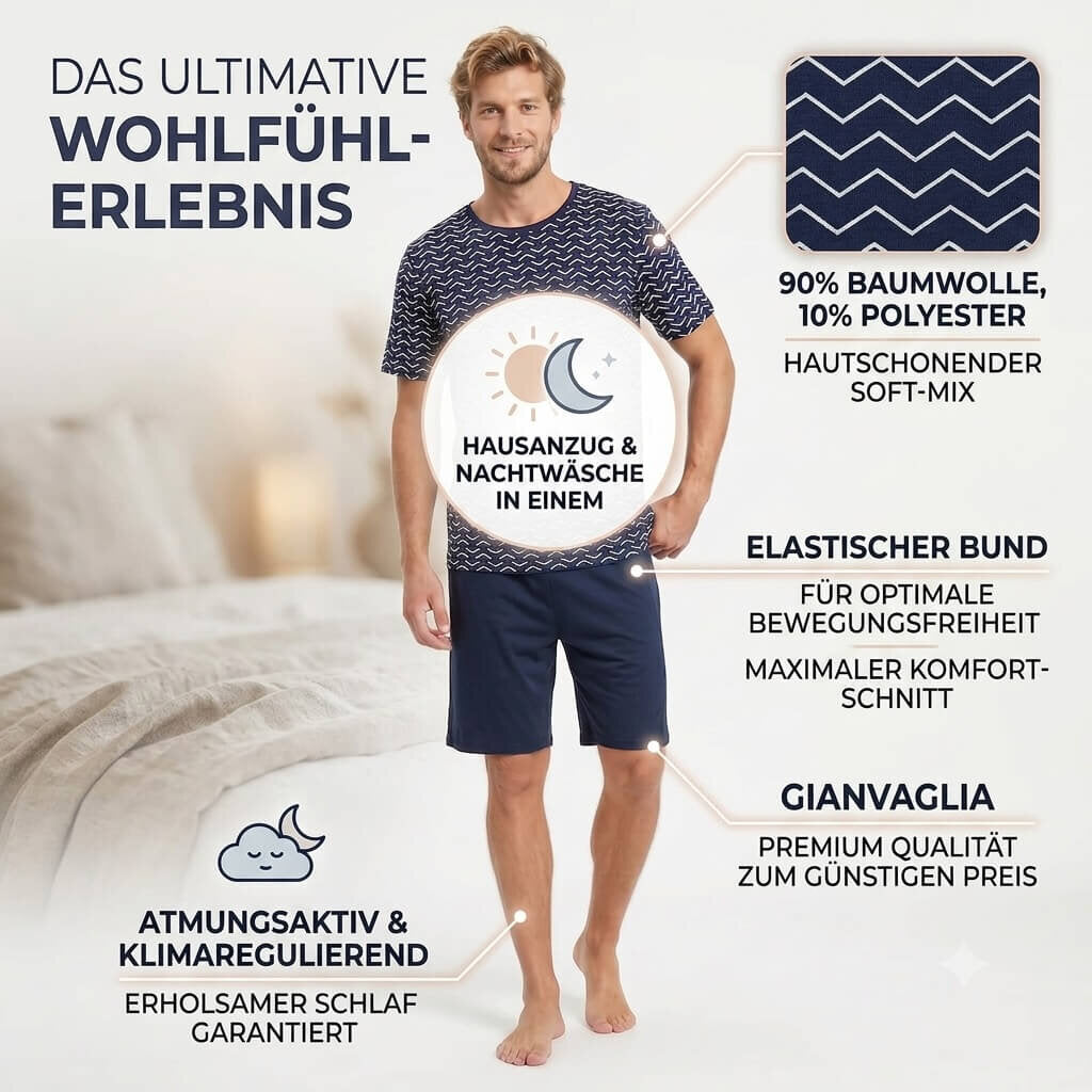 GIANVAGLIA Herren Pyjama Set Blau Schlafanzug Shorty Zweiteilig Baumwolle Hausanzug Manner Nachtwasche Bequem L – Ansicht 2