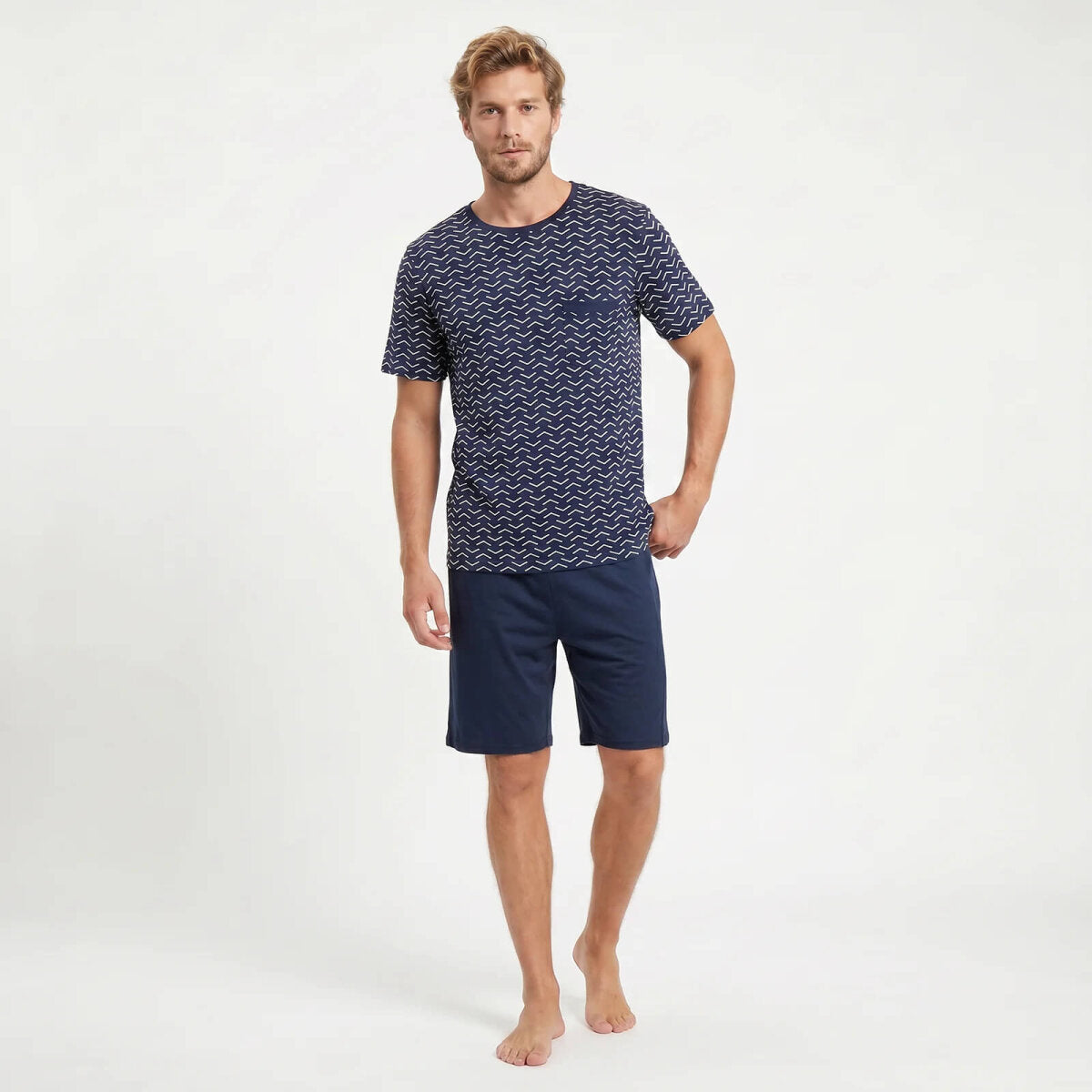 GIANVAGLIA Herren Pyjama Set Blau Schlafanzug Shorty Zweiteilig Baumwolle Hausanzug Manner Nachtwasche Bequem L – Ansicht 3