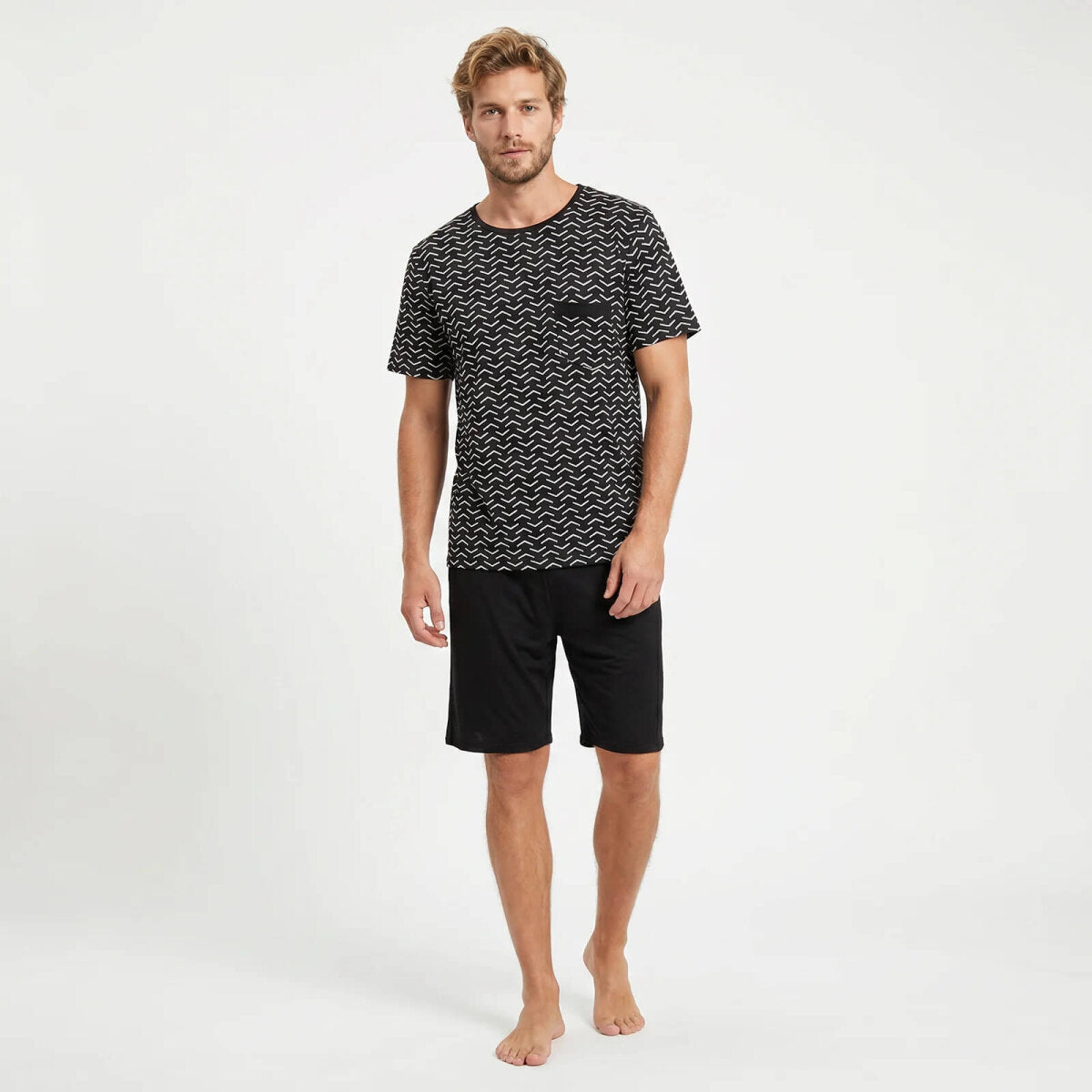 GIANVAGLIA Herren Pyjama Set Schwarz Schlafanzug Shorty Zweiteilig Baumwolle Hausanzug Manner Nachtwasche B – Ansicht 3