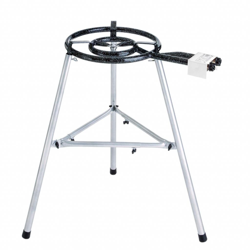 Große Gusseisenpfanne Ø 50 cm mit 2-Ring-Brenner und Paella-Fibel: Stabiler Dreibein-Ständer, höhenverstellbar – Ansicht 2