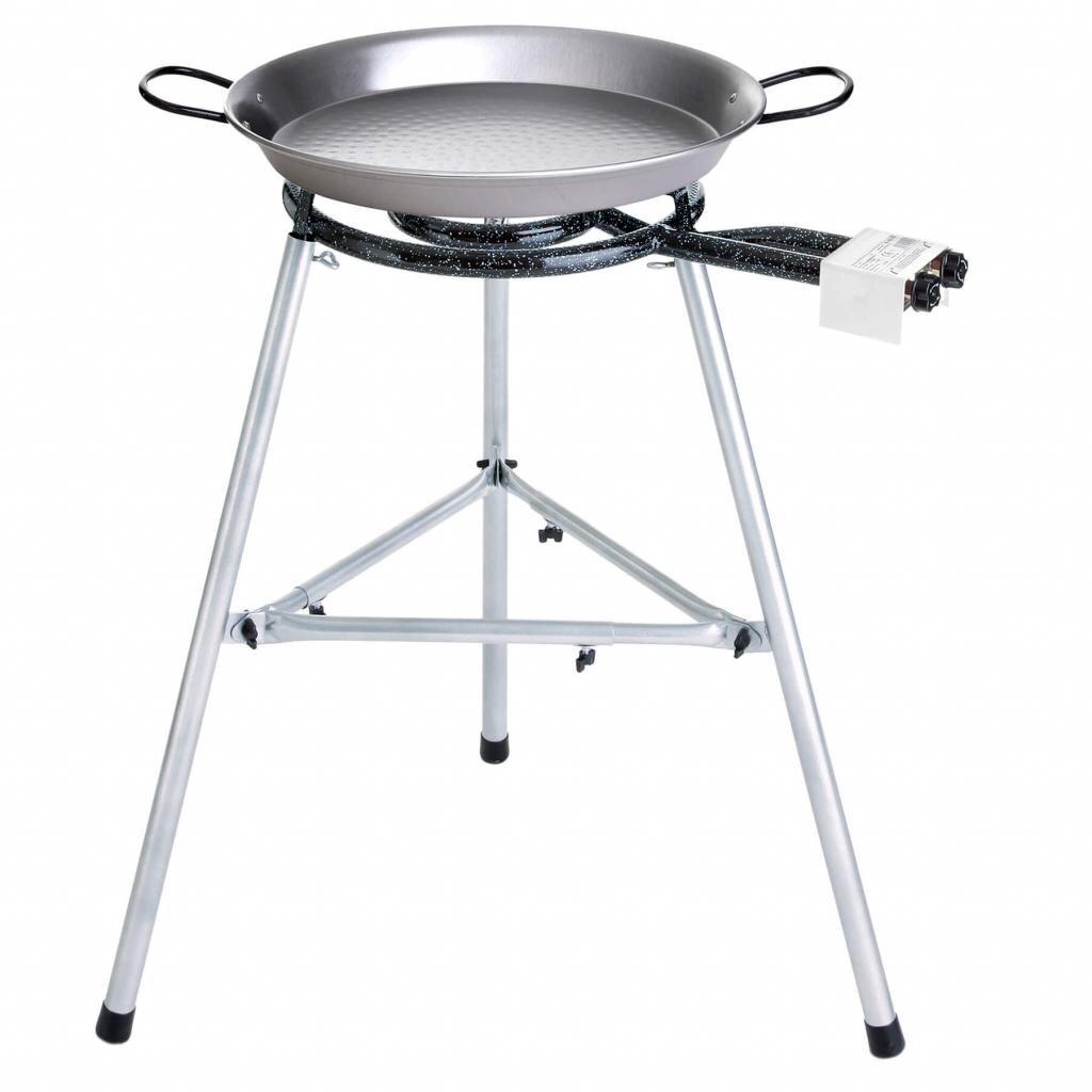Großes Paella Grill-Set: Comfort Line 2 - Pfanne Ø 46 cm, 2-Ring-Brenner 35 cm, Dreibein-Ständer bis 150 kg belastbar