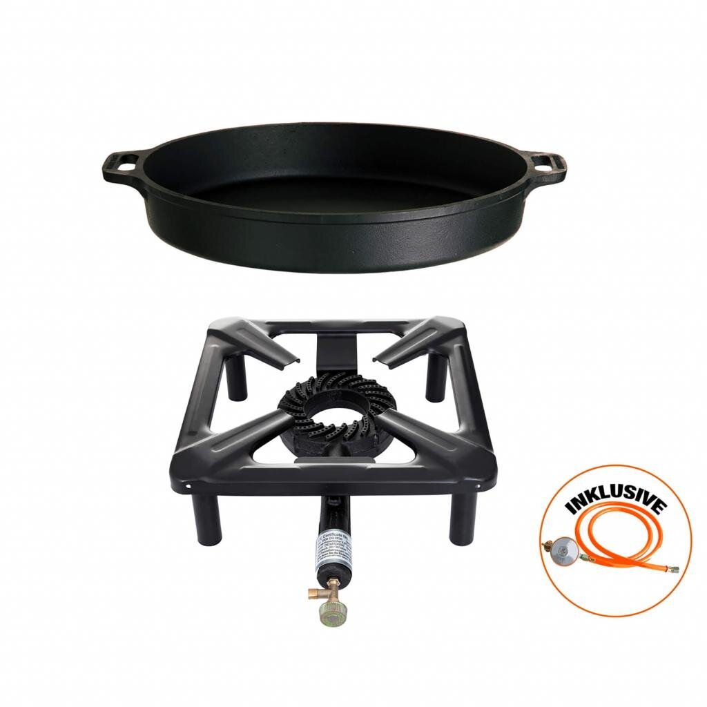Hockerkocher Set: Gasbrenner + Gusseisenpfanne Ø 40 cm, höhenverstellbar, kompakt, robust - ideal für Camping und Profiköche