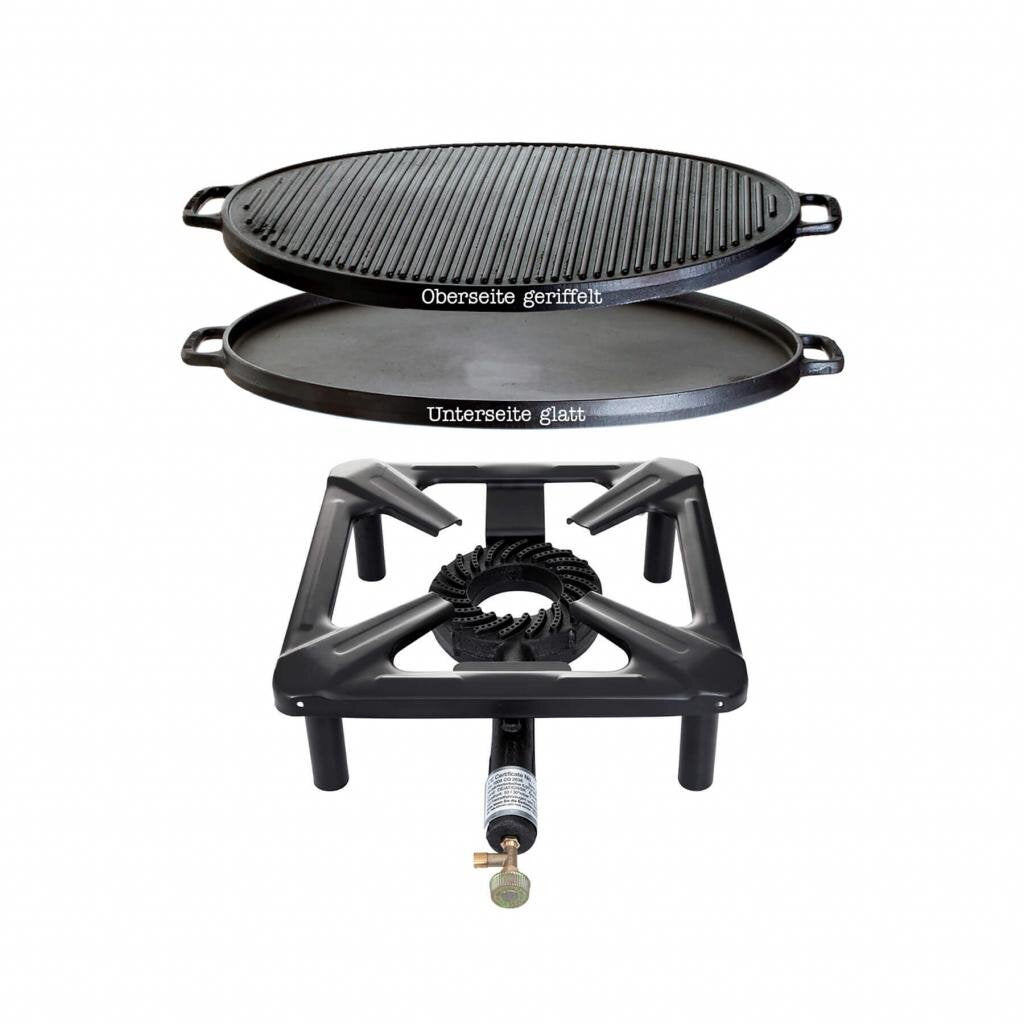 Hockerkocher-Set mit variabler Gusseisengrillplatte, kompakte Bauweise, 40x40 cm, Leistung 7,0 kW, für Pfannen ab Ø 20 cm,