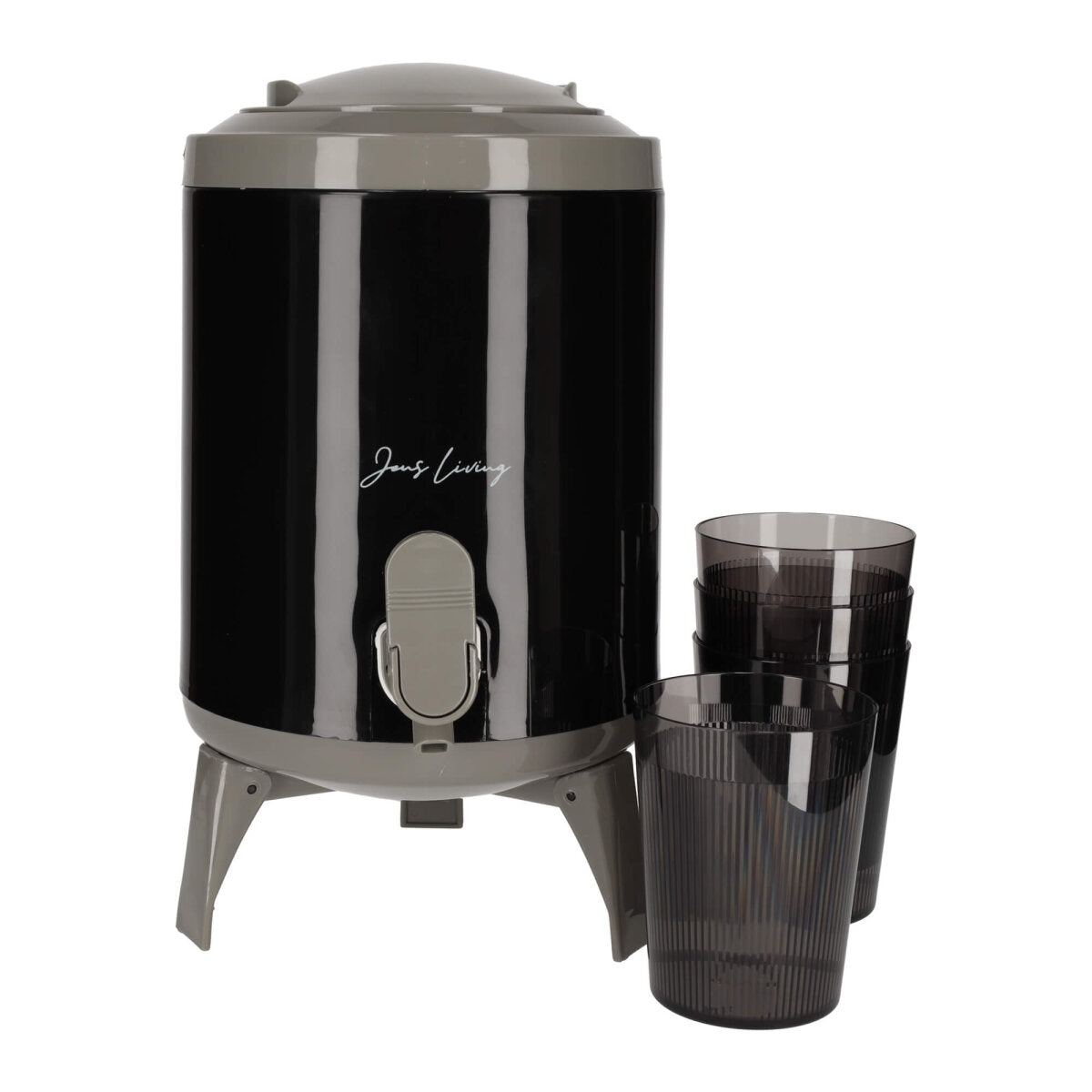 JENS Living Saftspender Set mit 4 Bechern & Ständer - Schwarz - 4L Getränkespender für Party, Garten & Buffet | Robuste
