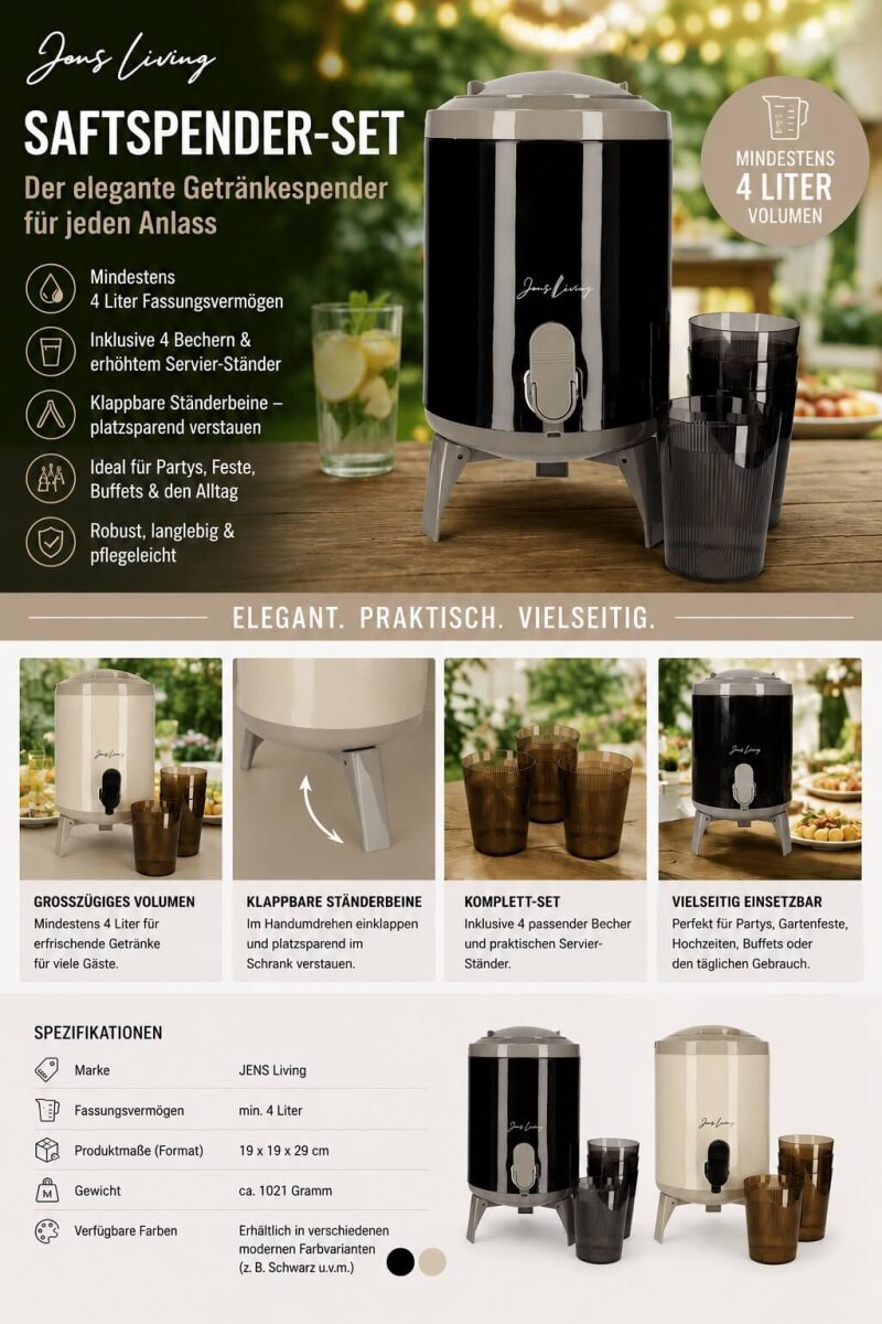 JENS Living Saftspender Set mit 4 Bechern & Ständer - Schwarz - 4L Getränkespender für Party, Garten & Buffet | – Ansicht 2