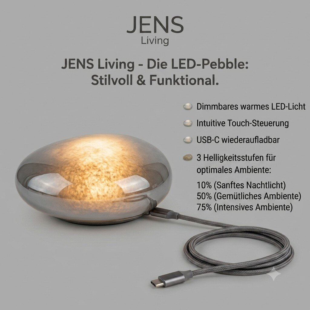 JENS Living Smarter LED-Stein Grau aus Echtglas, wiederaufladbar via USB-C, 3 Helligkeitsstufen, T – Ansicht 3