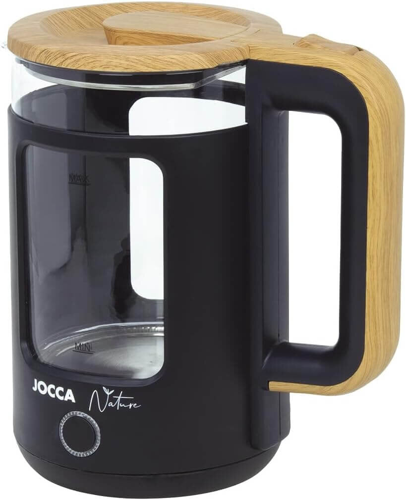 JOCCA Elektrischer Wasserkocher 1,8L, Nature-Line Schwarz, 360° Basis, Borosilikatglas, Schnellkoch, Auto-Abschaltung,