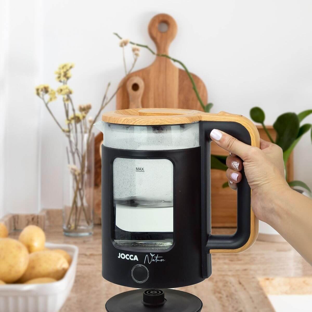 JOCCA Elektrischer Wasserkocher 1,8L, Nature-Line Schwarz, 360° Basis, Borosilikatglas, Schnellkoch, – Ansicht 7