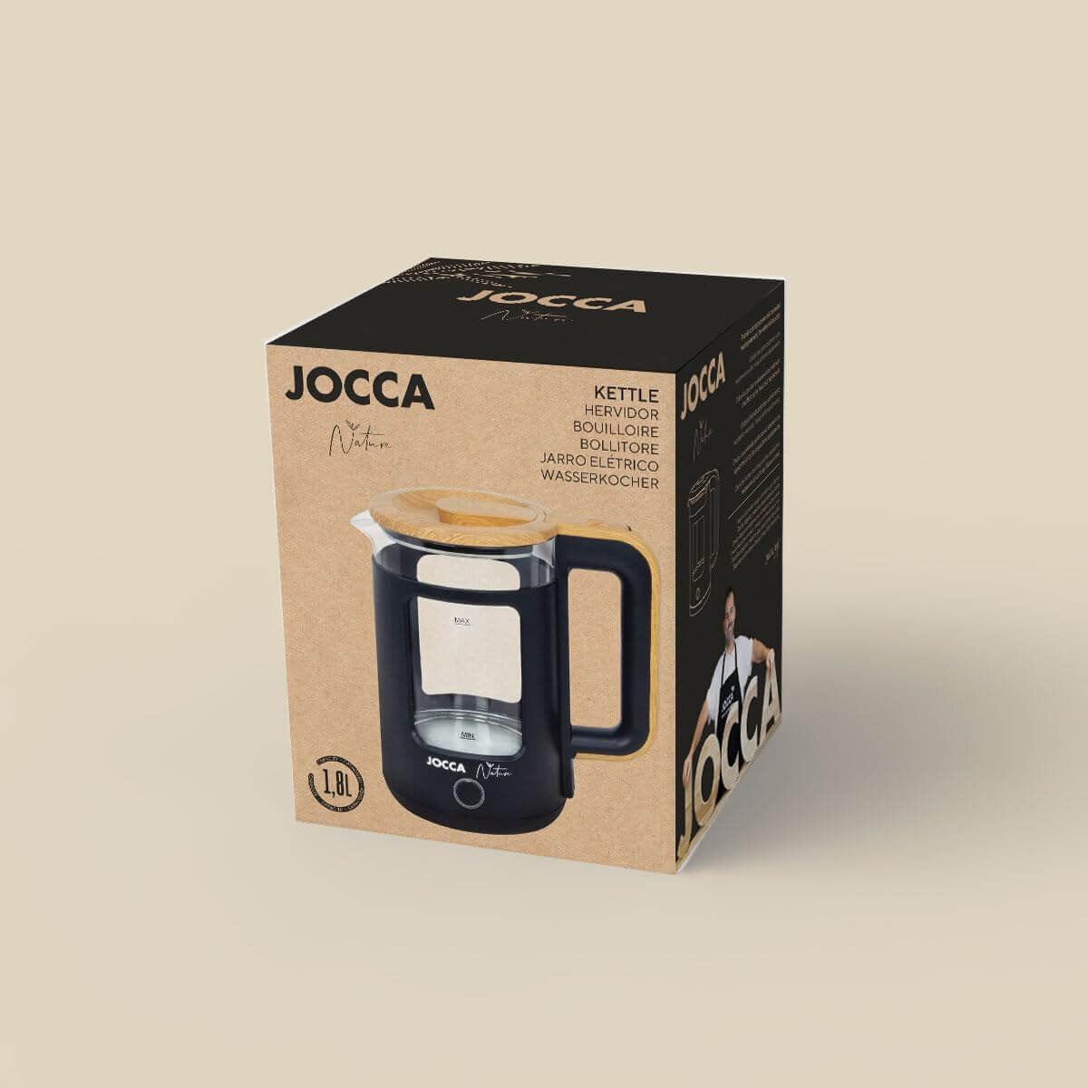 JOCCA Elektrischer Wasserkocher 1,8L, Nature-Line Schwarz, 360° Basis, Borosilikatglas, Schnellkoch, – Ansicht 8