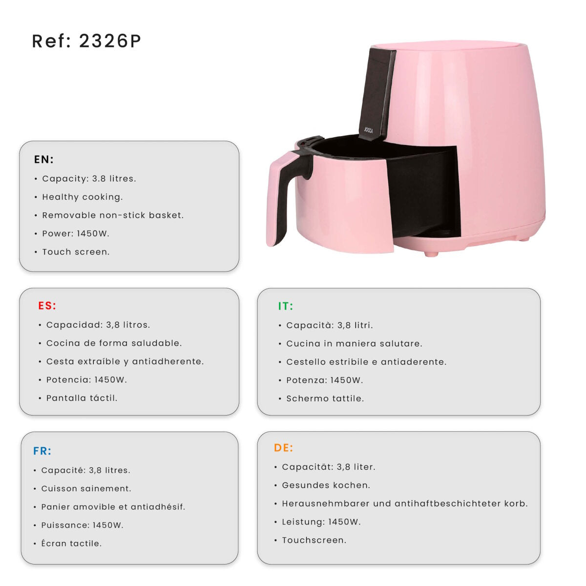 Jocca Heißluftfritteuse 3,8L 1450W Airfryer LED Touch 8 Programme fettarm Rosa – Ansicht 7