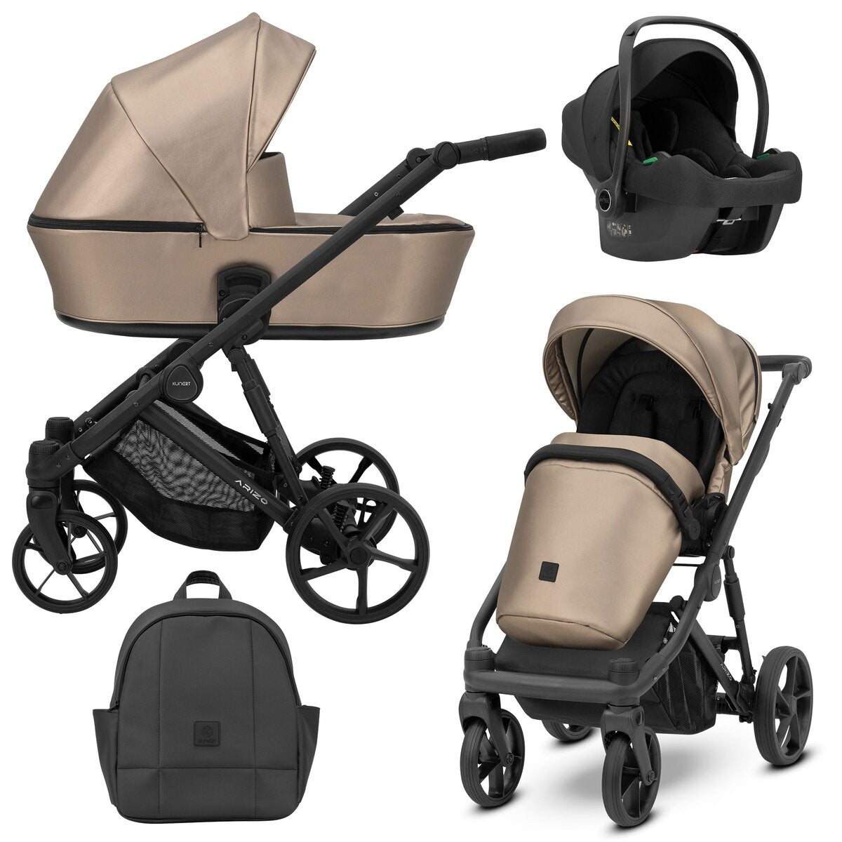 Kunert ARIZO 3in1 Öko-Leder Kinderwagen mit schwarzem Gestell, Tragetasche und Sportsitz in Cappuccino