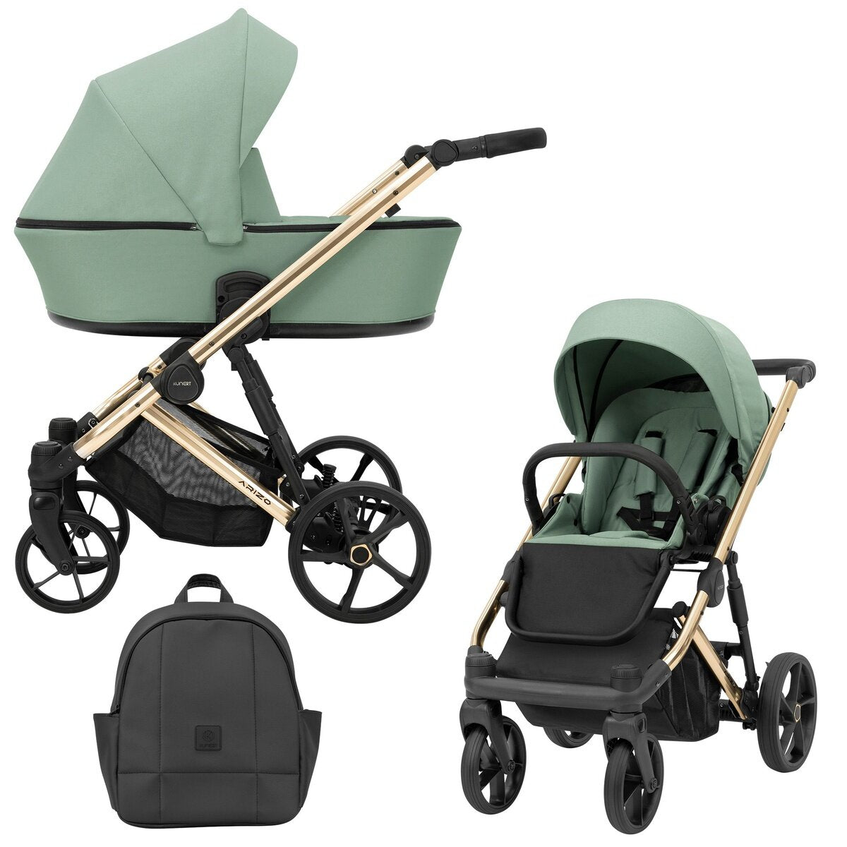 Kunert Arizo Premium 2in1 Kinderwagen in Grün mit goldenem Gestell, Tragetasche und Sportsitz
