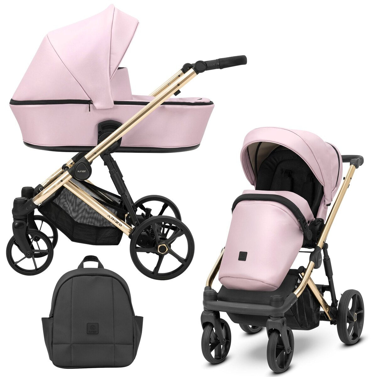 Kunert ARIZO PREMIUM 3in1 Öko-Leder Kinderwagen in Rosa mit goldenem Gestell und Cosmo Zubehör – Ansicht 2