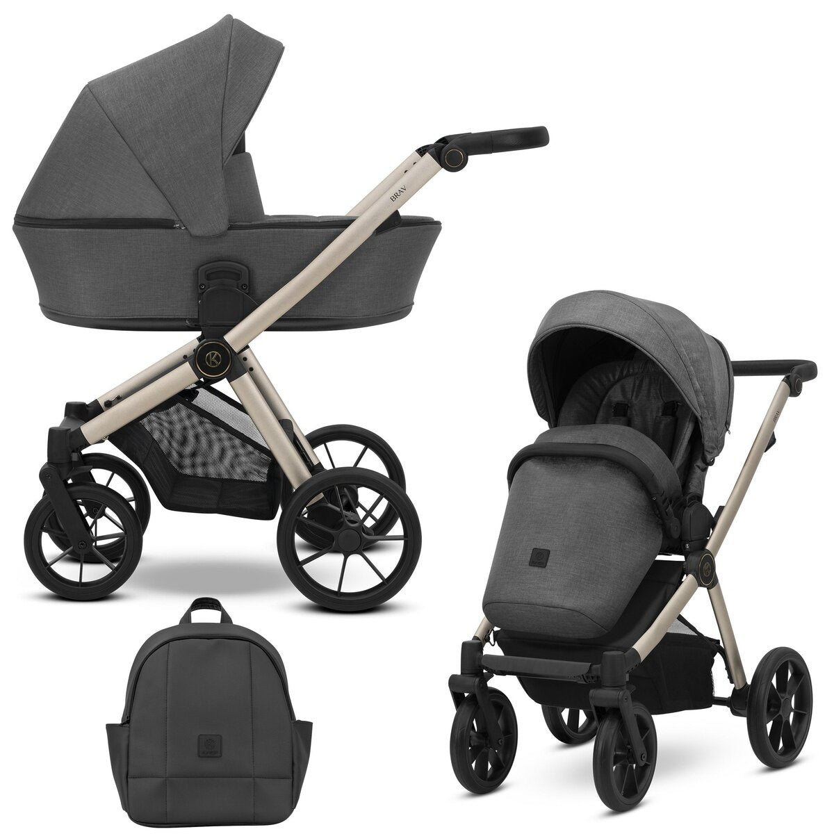 Kunert BRAV 2in1 Kinderwagen in Anthrazit mit Champagner Rahmen und Gelrädern für Komfort und Stil