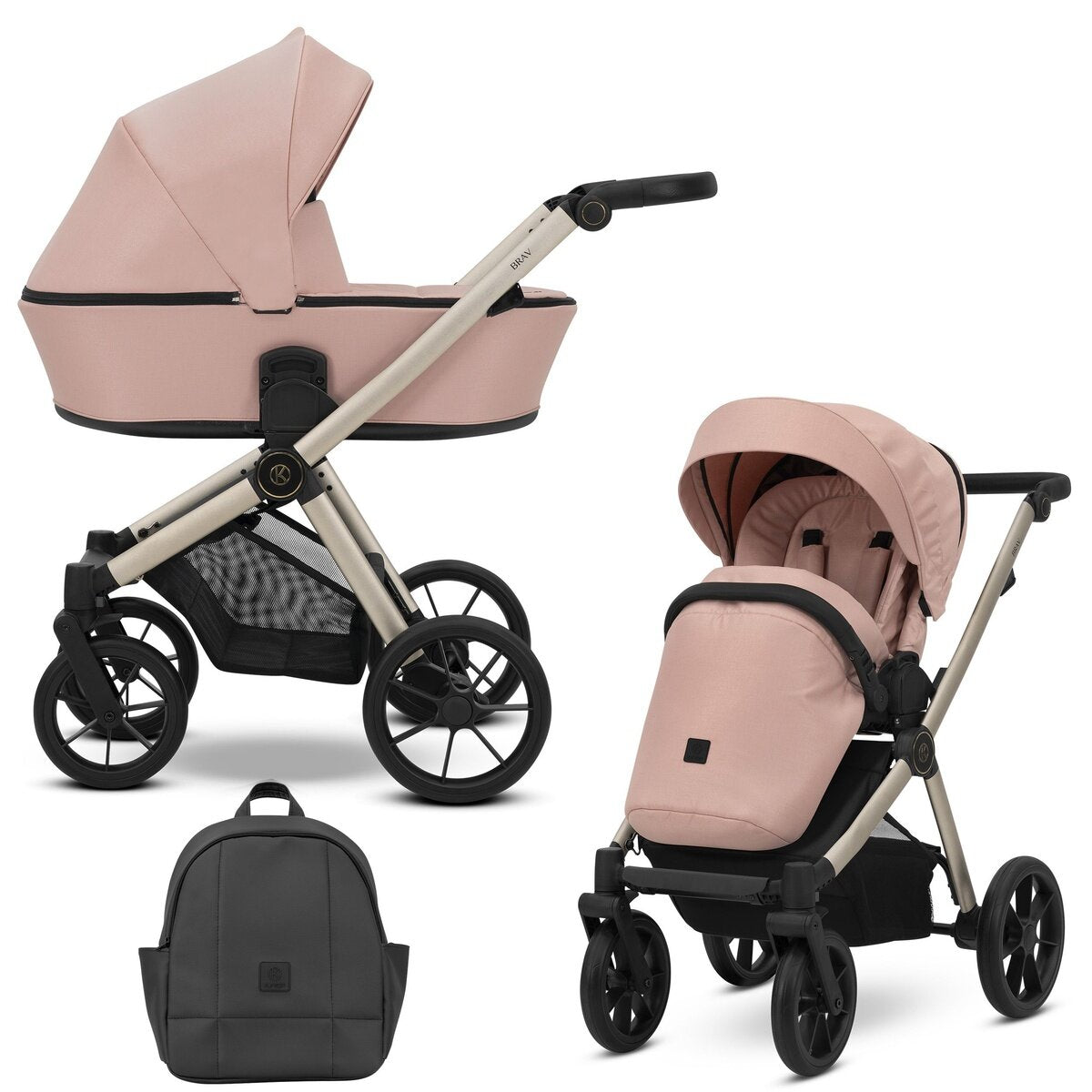 Kunert BRAV 2in1 Kinderwagen in Rosa mit Champagner Rahmen und Gelrädern
