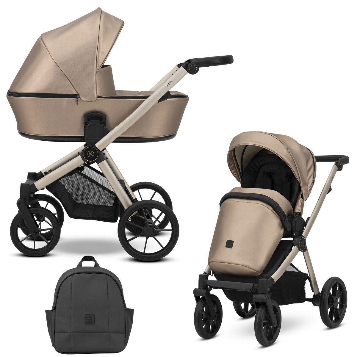Kunert BRAV 2in1 Öko-Leder Kinderwagen in Braun mit Champagner Rahmen und Gelrädern