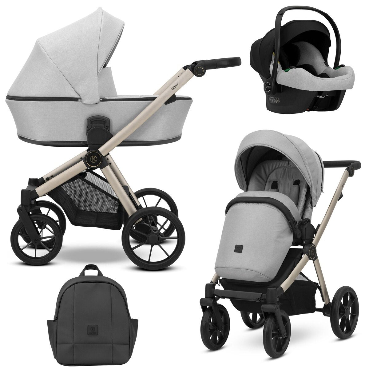 Kunert BRAV 3in1 Kinderwagen in Grau mit Champagnerrahmen, Gelrädern und Autositz Cosmo