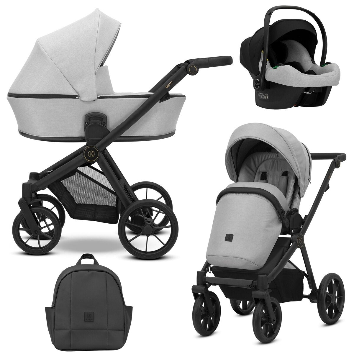 Kunert BRAV 3in1 Kinderwagen in Grau mit schwarzem Rahmen, Gelrädern und Cosmo Autositz