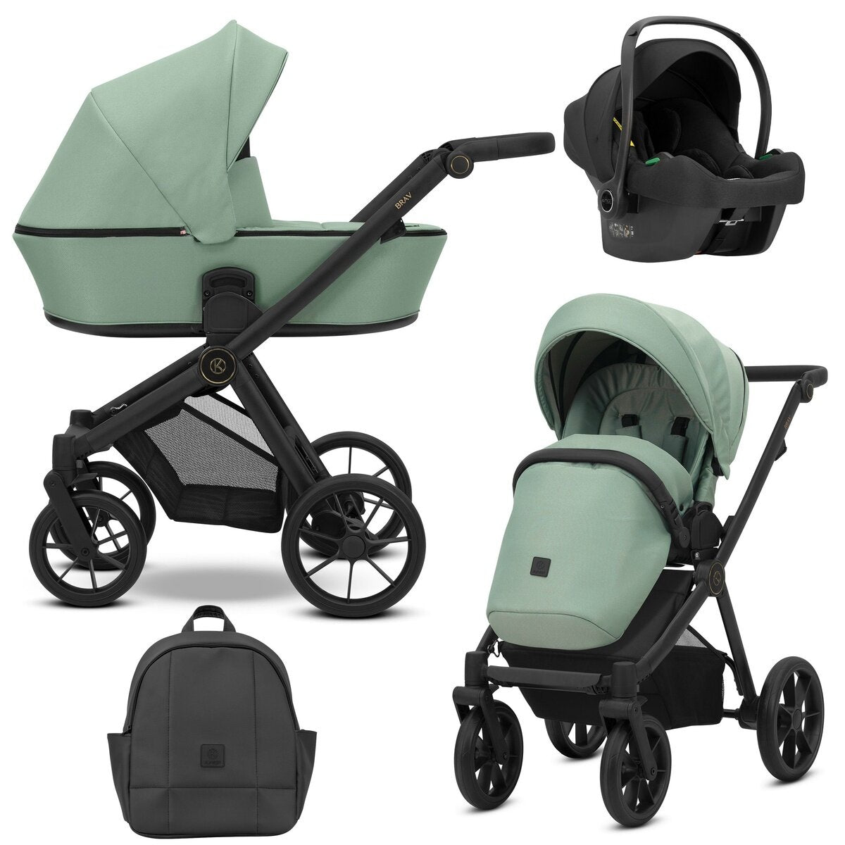 Kunert BRAV 3in1 Kinderwagen in Grün mit schwarzem Rahmen, Gelrädern und Cosmo Autositz