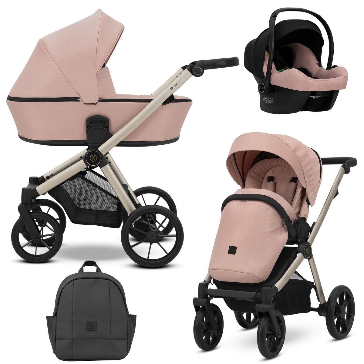 Kunert BRAV 3in1 Kinderwagen in Rosa mit Champagnerrahmen, Gelrädern und Autositz Cosmo