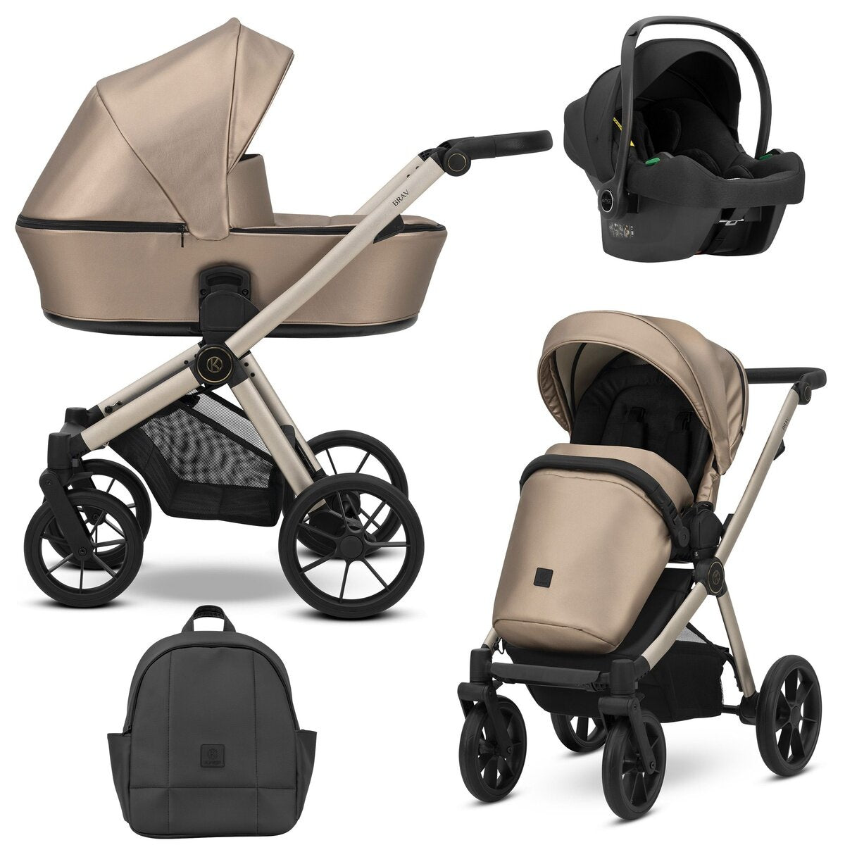 Kunert BRAV 3in1 Öko-Leder Kinderwagen in Braun mit Champagner Rahmen und Gelrädern