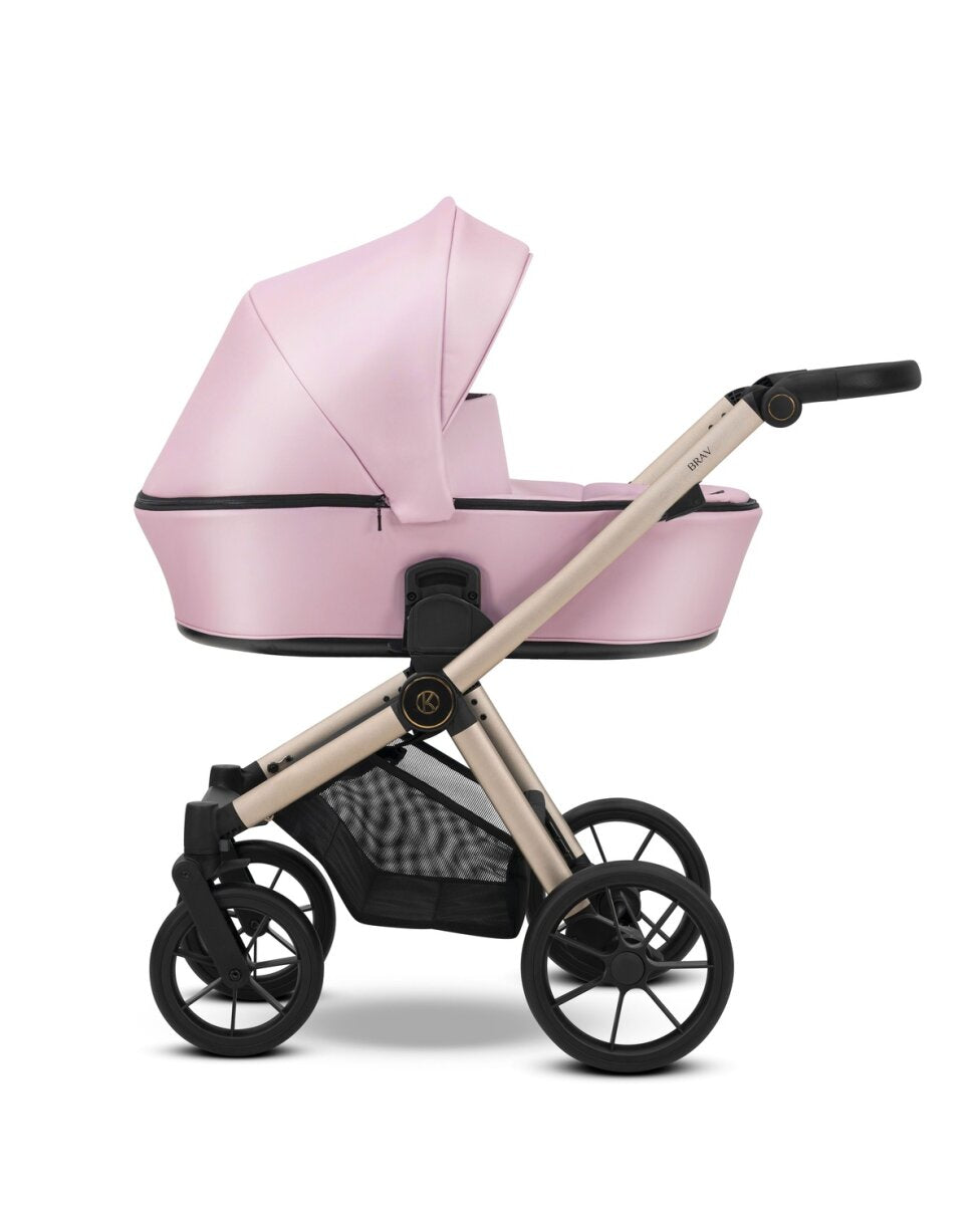 Kunert BRAV 3in1 Öko-Leder Kinderwagen in Rosa mit Champagnerrahmen, Gelrädern und Autsositz – Ansicht 2