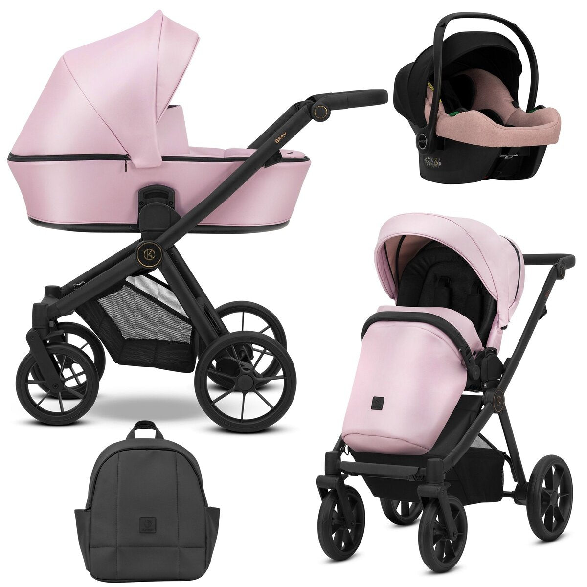 Kunert BRAV 3in1 Öko-Leder Kinderwagen in Rosa mit Gelrädern und Cosmo Autositz