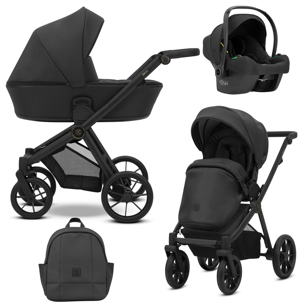 Kunert BRAV 3in1 Öko-Leder Kinderwagen in Schwarz mit Gelrädern und Cosmo Autositz