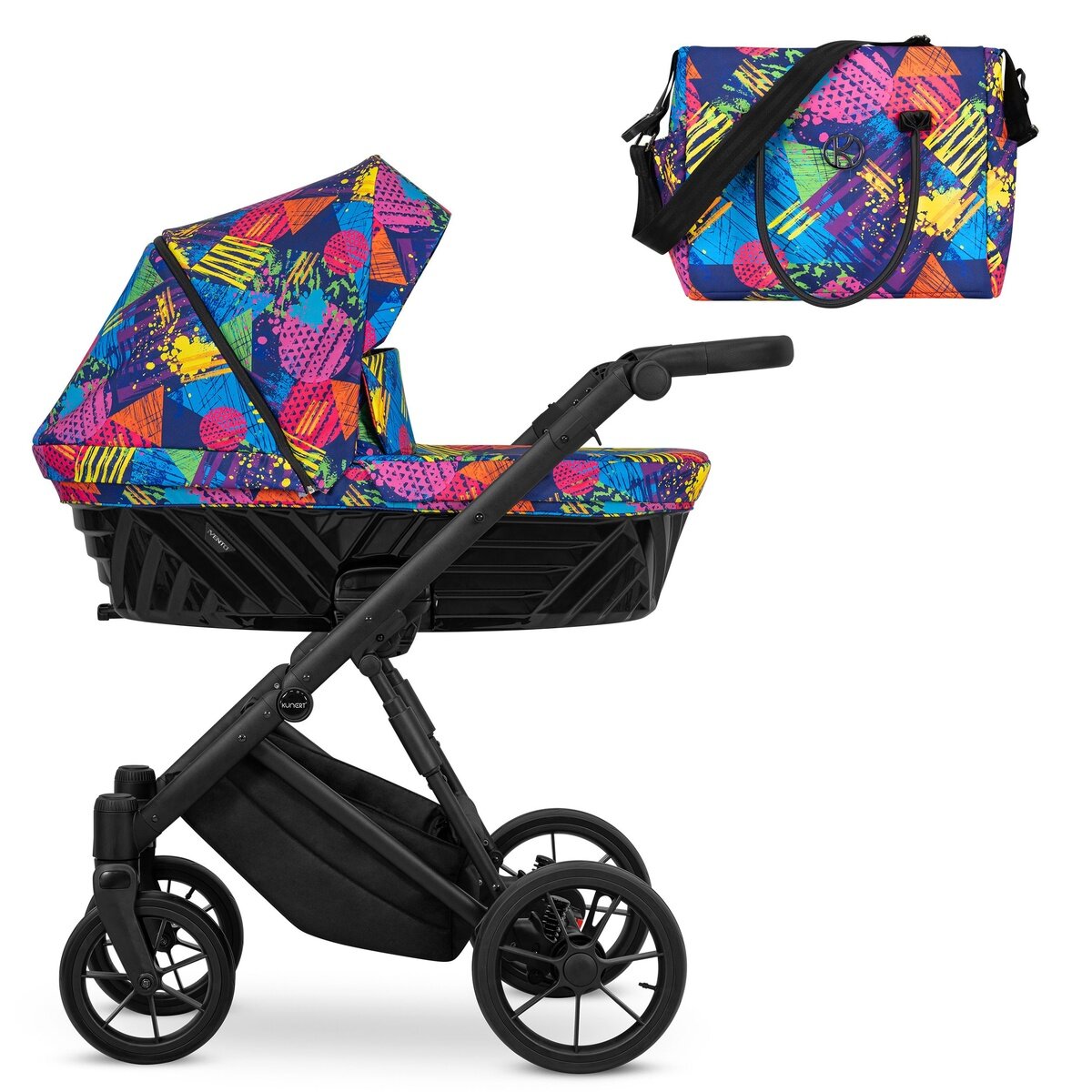 Kunert Ivento 2in1 Kinderwagen in buntem Stil mit schwarzem Rahmen und umfangreicher Ausstattung