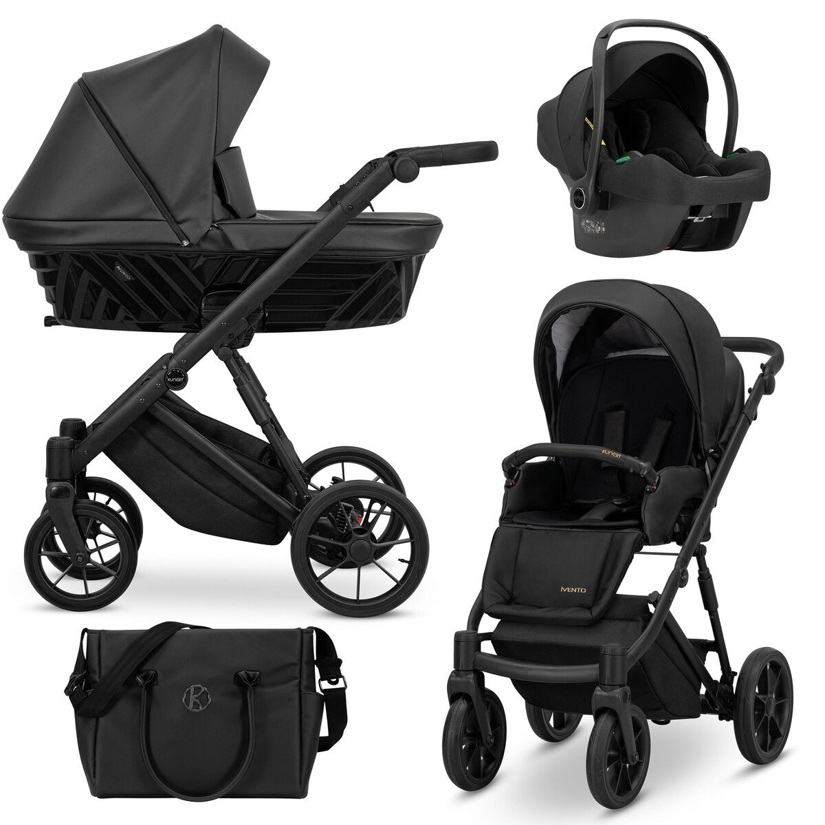 Kunert Ivento 3in1 Kinderwagen in dunkelm Anthrazit mit schwarzem Rahmen und umfangreichem Zubehör