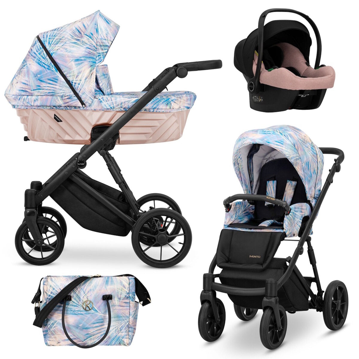 Kunert Ivento 3in1 Kinderwagen in Rosa/Blau mit schwarzem Rahmen und modernem Design